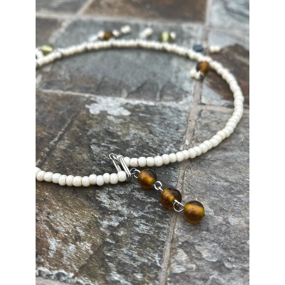 Vtg 1980's Multi Colored Beaded Choker Necklace Adjustable White Beaded Necklace - Picture 4 of 6